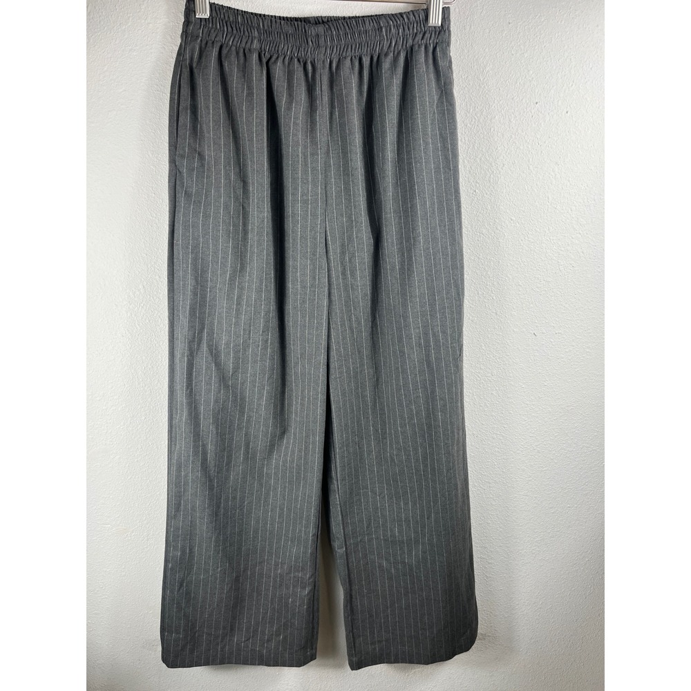 Bronze Snake Women Pants Gray S Pinstripe Wide Leg Elastic Waist Career Casual